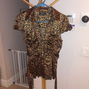 XOXO Silk Leopard Print Button Down Blouse